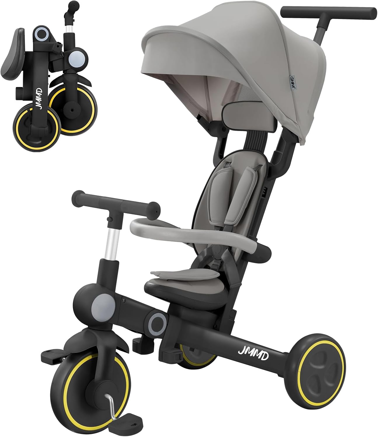 JMMD Baby Tricycle, 7-in-1 Multifunctional Kids Trike with Adjustable Parent Handle, Safety Harness & Wheel Brakes, Removable Canopy, Stroll Trike for Boys & Girls Ages 18 Months-5 Years, Black