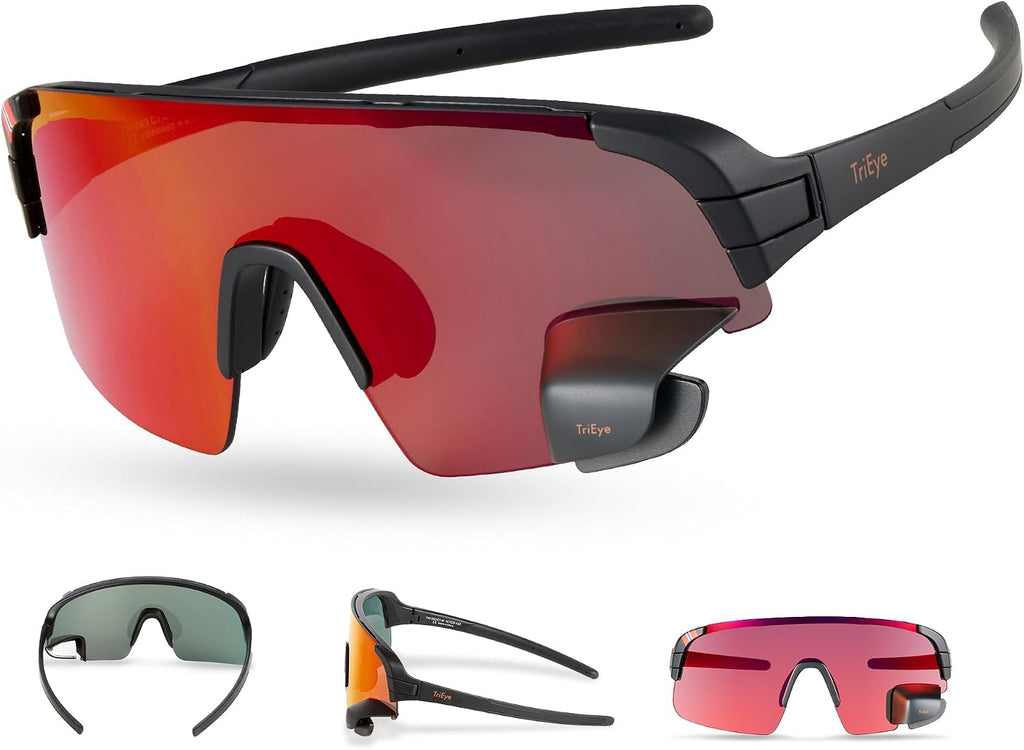 TriEye Cycling Glasses with Rear-view Mirror - Sports Sunglasses for Men & Women - UV-400 Protection