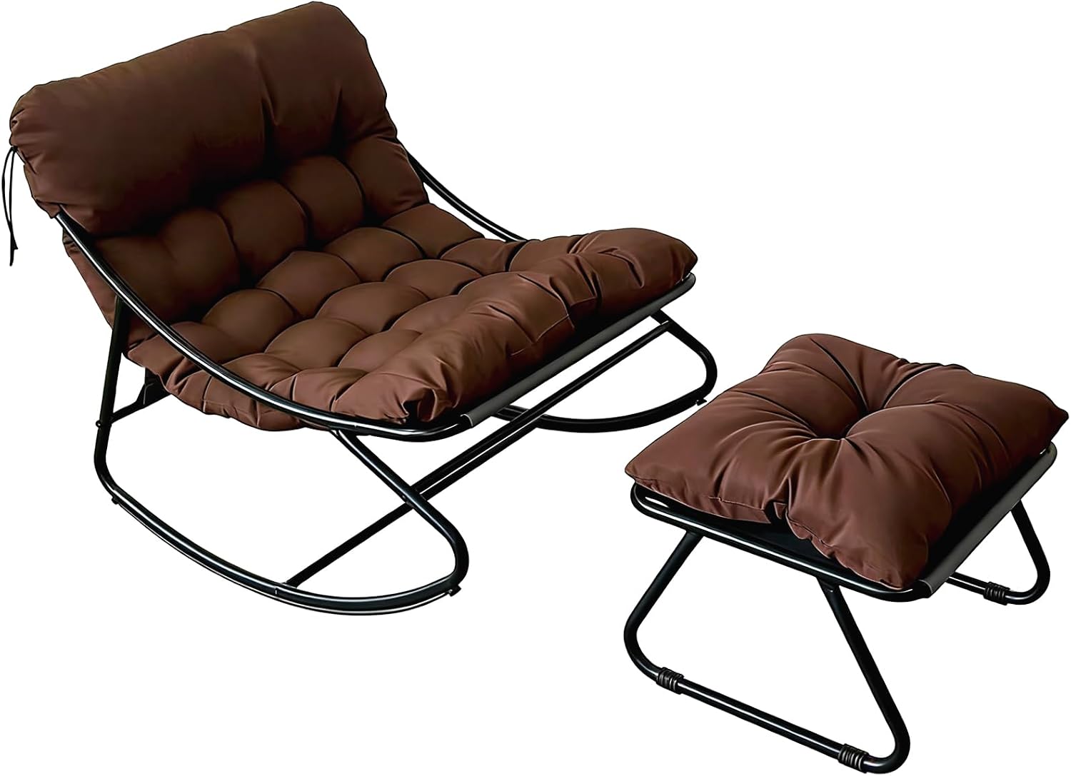 Oversized Papasan Rocker, Comfy Patio Rocking Chair, Outdoor Rocker Chair, Indoor Rocking Egg Chair with Cushion & Ottoman for Bedroom, Living Room, Front Porch (Brown)