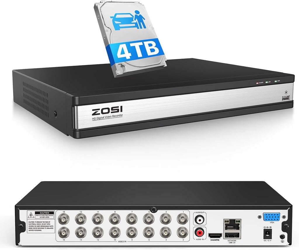 ZOSI 16 Channel 1080P H.265+ Hybrid DVR Recorder for Security Camera, AI Human/Vehicle Detection, Remote Access, Motion Alerts, 4-in-1 (TVI/CVI/AHD/Analog) CCTV Surveillance DVR with 4TB HDD
