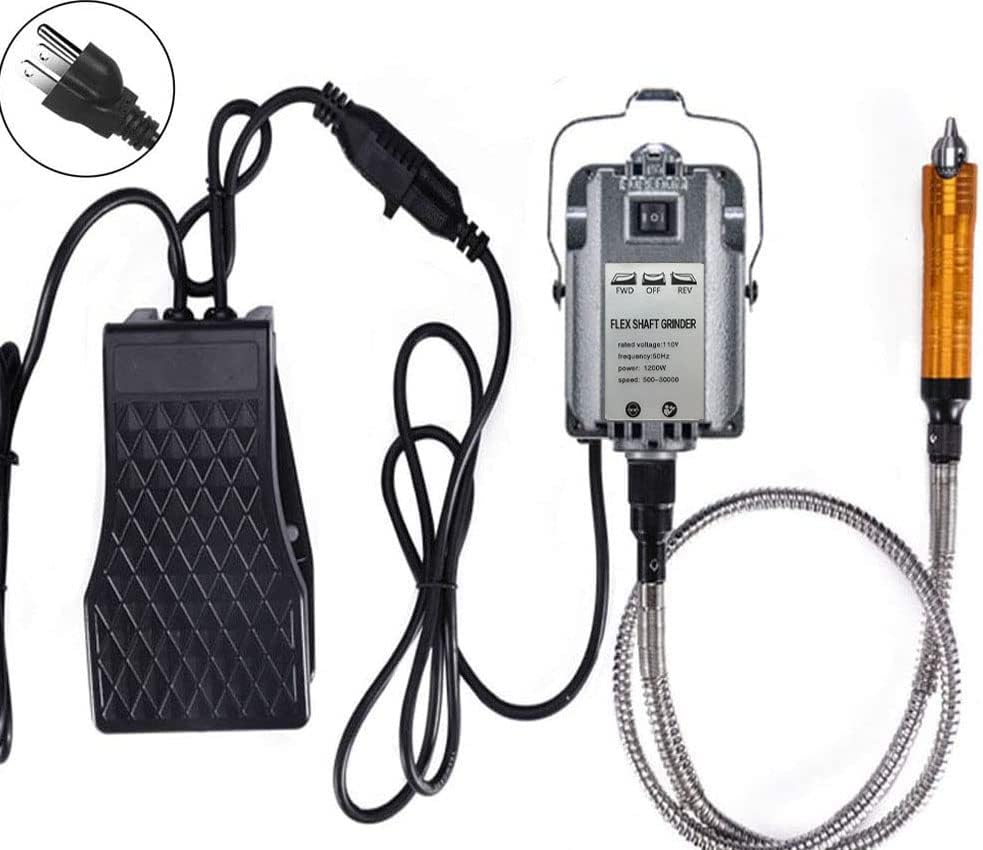 1200W Flex Shaft Grinder Rotary Tool Electric Hanging Carver, Forward and Reverse Rotation, Metalworking Jewelry Repair Kit, Foot Pedal Control, Metal Flexible Shaft, with Spare Inner Shaft