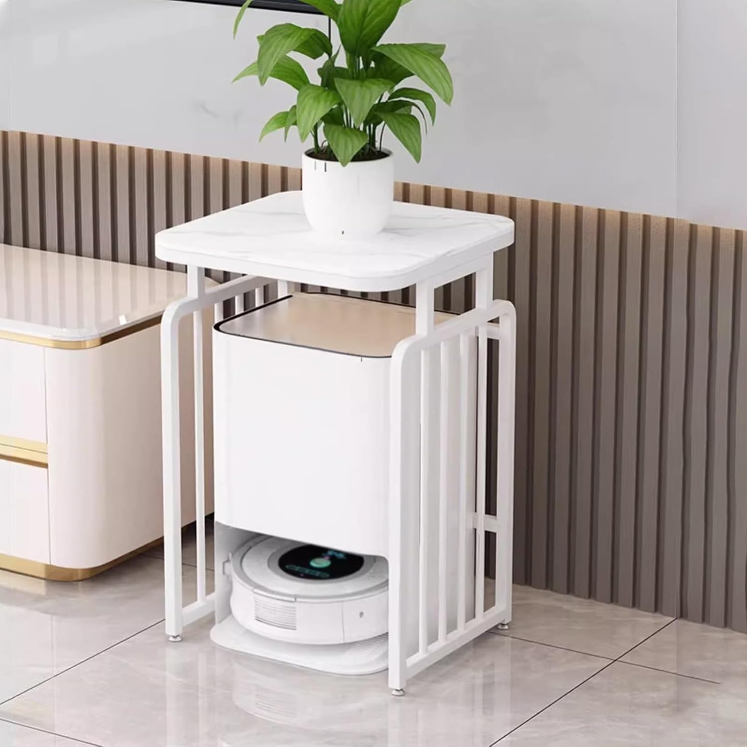 Metal Side Table with Storage, Robot Vacuum and Mop Self Emptying Small Storage Cabinet, Multi-Functional Fish Tank Stand, End Table for Robot Vacuum's Nest House(White,50