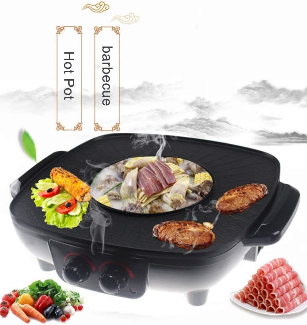 Korean Barbecue Hot Pot Double Pot, Integrated Cooker, Smokeless Non-Stick Barbecue Grilled Shabu-Shabu Electric Hot Pot, 1700W Black Modern Non-Stick Coating Electric Hot Pot and Grill