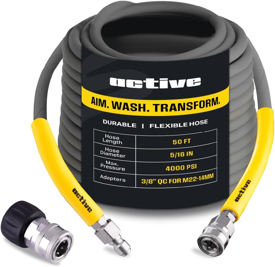 ACTIVE Pressure Washer Hose 50 Ft 5/16' - Kink Resistant Steel braided Power Washer Hose for All Electric & Gas Pressure Washers, Flex Hose w/Max 4000 PSI & 12 GPM at a peak temperature of 212F