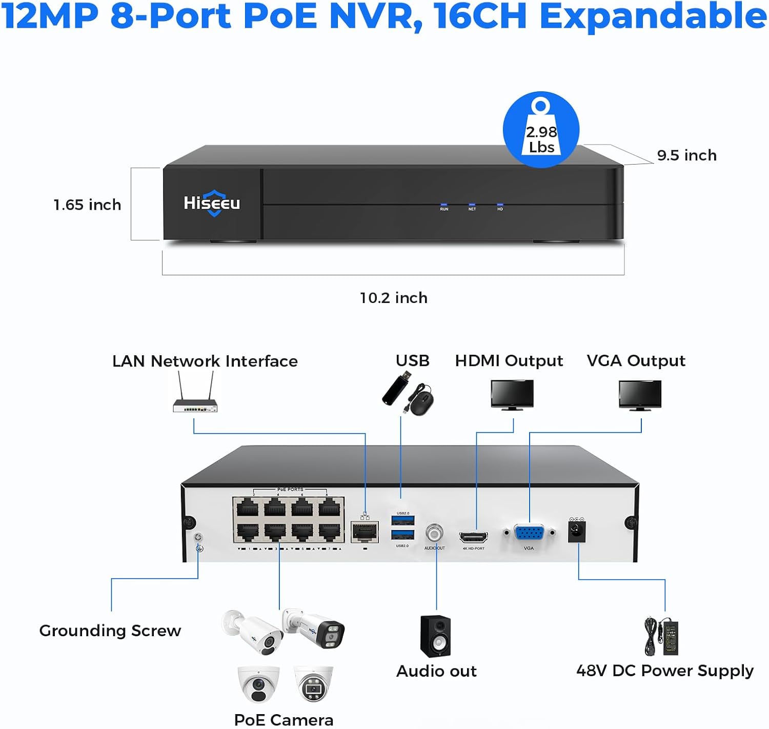 [12MP + 16CH Extendable] Hiseeu 12MP PoE NVR Network Video Recorder, Work with 12MP/8MP/5MP/4MP/3MP/1080P PoE Camera, Motion Detect, 24/7 Recording, Smart Playback, No Hard Drive
