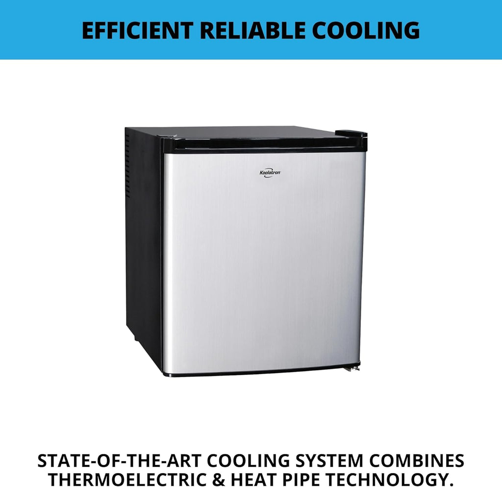 Koolatron Stainless Steel Compact Fridge with Freezer, 1.7 Cubic Feet (48 L) Capacity, Silver and Black, for Snacks, Frozen Meals, Beverages, Juice, Beer, Den, Dorm, Office, Games Room, or RV