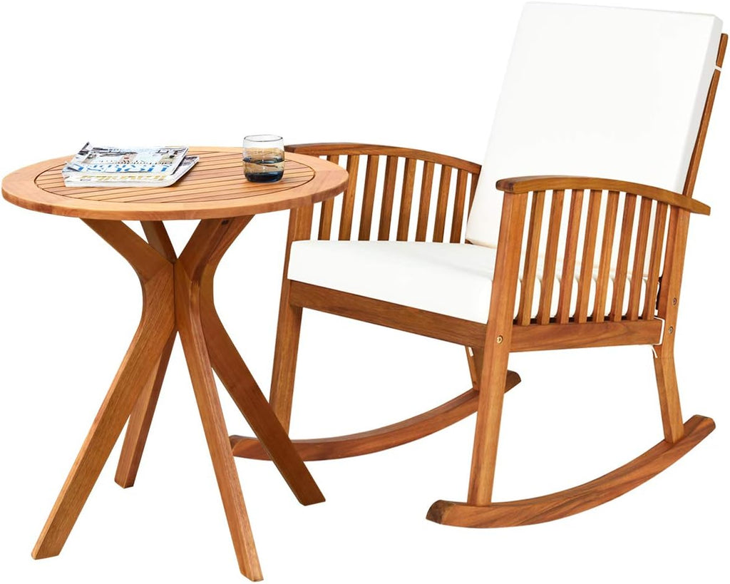 Tangkula 2 PCS Patio Bistro Set, Outdoor Acacia Wood Rocking Chair with Round Table, Thick Cushion of Detachable Cover, Rocking Chair Set for Outdoor Indoor Patio Backyard, Teak