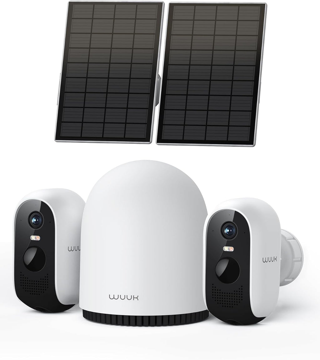WUUK Solar Security Cameras Wireless Outdoor, Home Surveillance System, 2K, No Monthly Fee, Motion Alert, Night Vision, 2.4/5 GHz WiFi, 32G Local Storage, Compatible with Alexa & Google, 2-Camera Kit