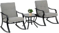 Oakcloud Oakmont Outdoor Furniture 3 Piece Conversation Bistro Set Rocking Chairs and Glass Top Table, Thick Cushions, Black Steel (Grey)