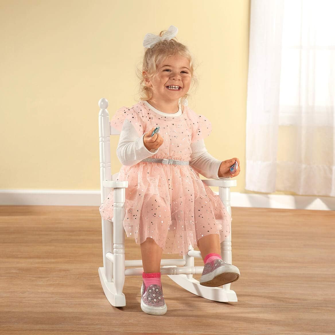 Fox Valley Traders Child's White Rocking Chair – Solid Hardwood Construction with Slatted Back & Seat – Classic 22.5' Nursery Chair for Toddlers