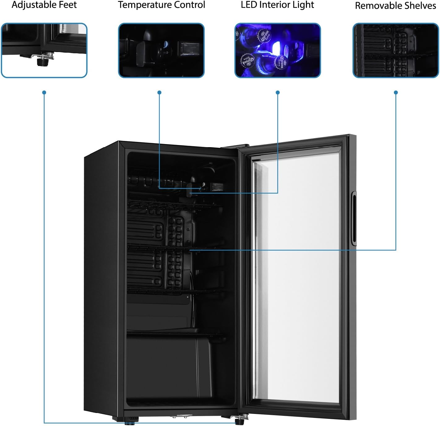 Saeoola Beverage Refrigerator, 3.2 Cu.ft Mini Fridge with Double Glass Door, Cooler for Soda, Beer or Wine for Home, Office or Bar with Adjustable Removable Shelves (Black)