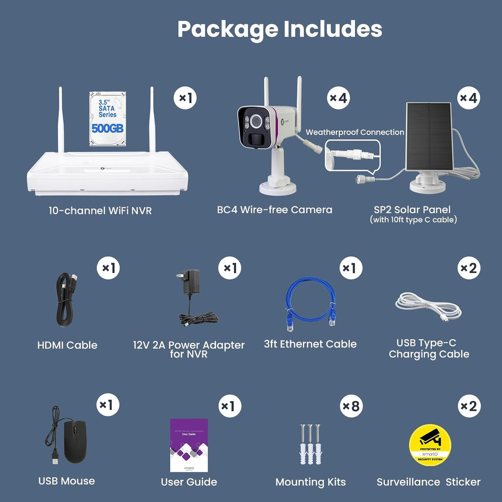 xmartO Wireless Solar Security Camera System, 10CH 4K Expandable WiFi6 NVR+4*4MP 2K Outdoor Cams, All Weather Solar, 2-Way Audio, IR&Color NV, Long Range WiFi Mesh, Free 2-Years Video,No Monthly Fees