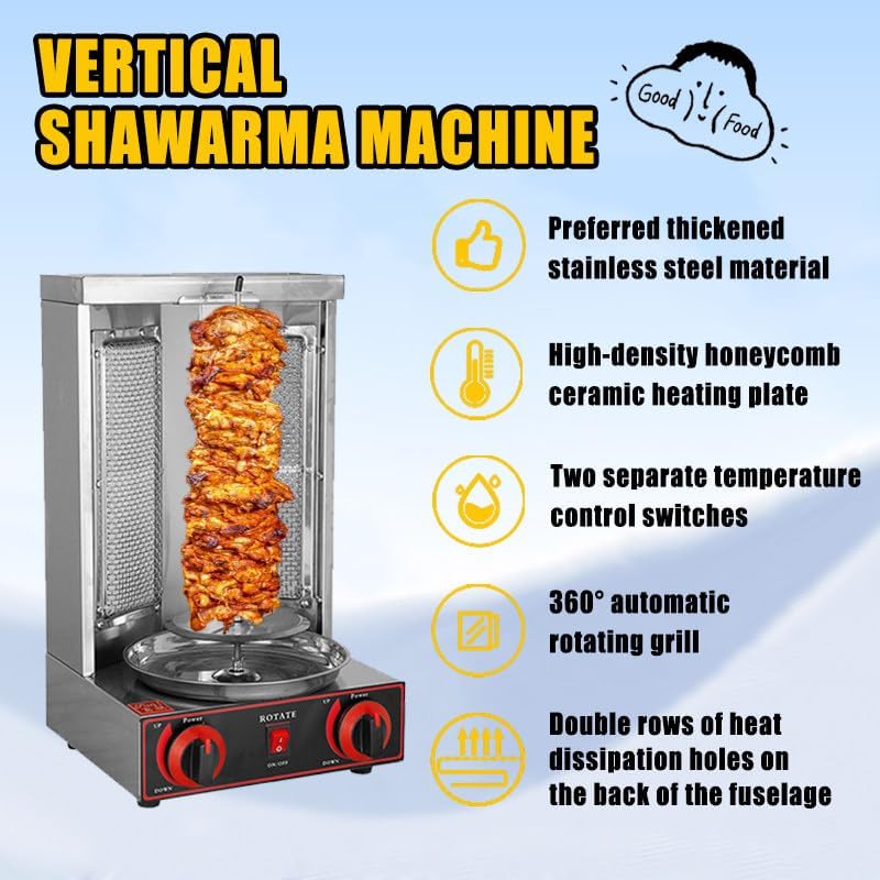Shawarma Grill Machine, LPG Gas Gyro Grill Oven, Vertical Broiler Rotating, Doner Kebab Machine, with 2 Burners for Home Kitchen Adjustable Temperature,Roasting 10kg of Meat Silver