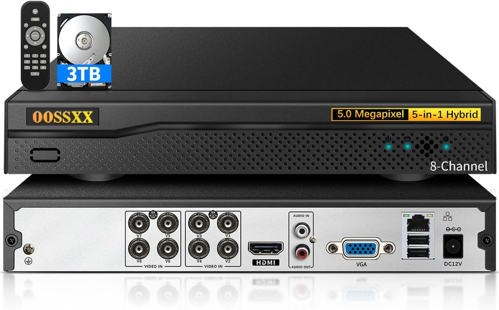 (2026 Upgrade) 8 Channel 5MP Hybrid Security DVR Recorder with 3TB HDD, 8CH CCTV Surveillance System for TVI/CVI/AHD/Analog/IP Cameras, ONVIF Compatible, Free App Remote Access, 24/7 Recording