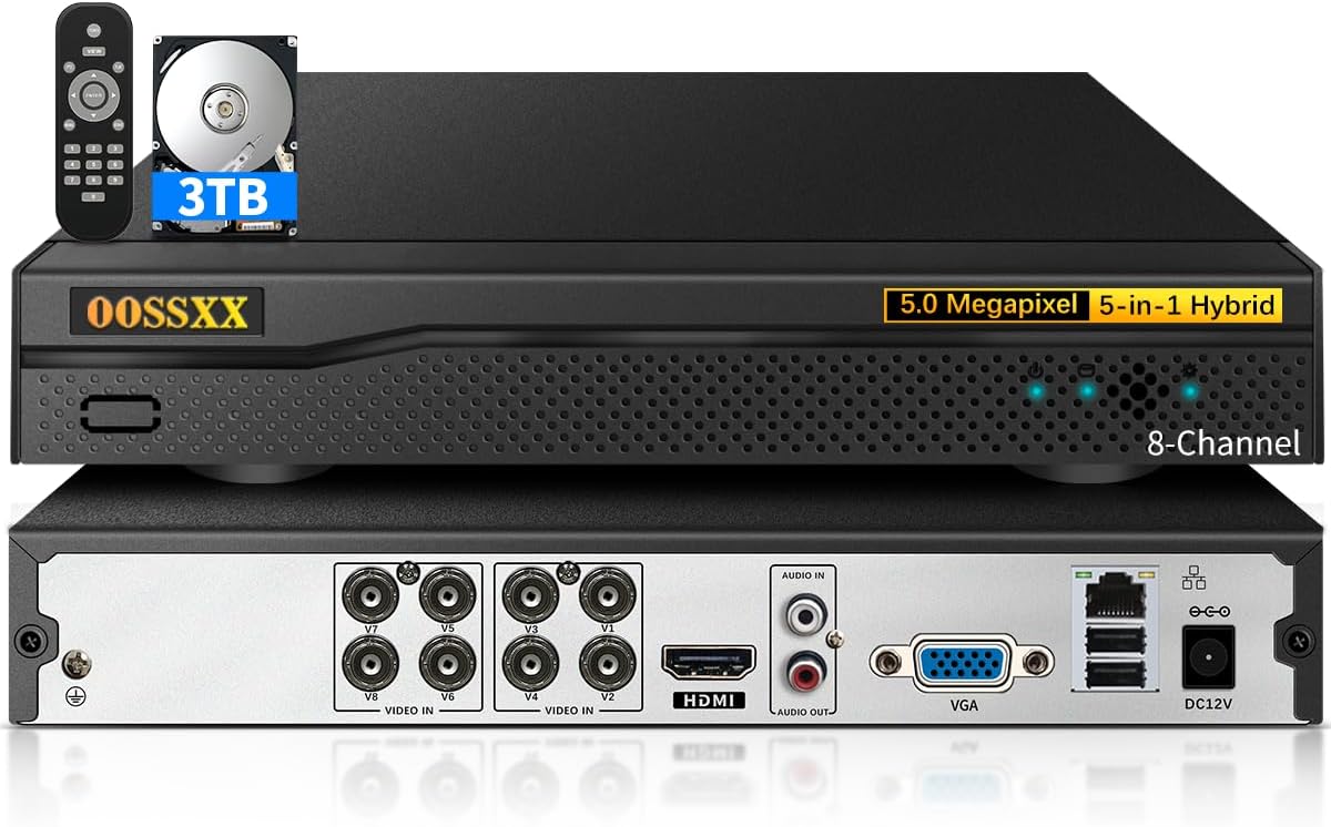 (2026 Upgrade) 8 Channel 5MP Hybrid Security DVR Recorder with 3TB HDD, 8CH CCTV Surveillance System for TVI/CVI/AHD/Analog/IP Cameras, ONVIF Compatible, Free App Remote Access, 24/7 Recording
