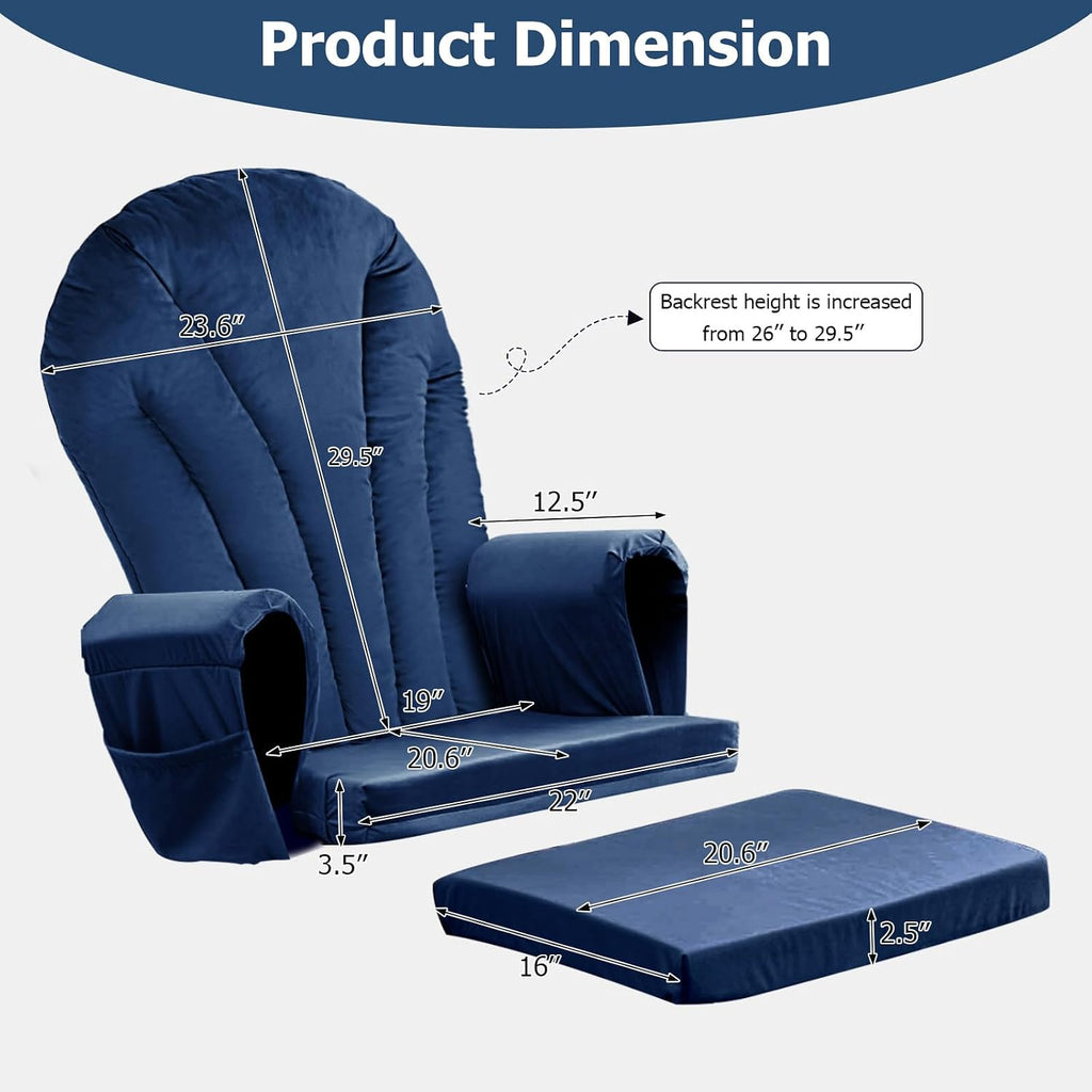 ANMINY 5pcs Glider Rocker Replacement Cushions Set - Thickened Velvet Glider Rocking Chair Cushions with 29 inch High Backrest & Side Pockets for Indoor Nursery, Washable & Non Slip, Blue