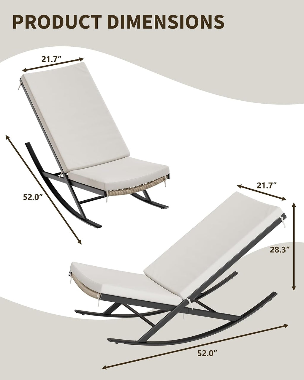 Rocking Chair Outdoor Set of 2 Patio Chairs Rocking Chairs Outdoor Lounge Rattan Chair for Outside Lawn with Cushions for Front Porch, Garden, Backyard, Lawn, Patio,Beige
