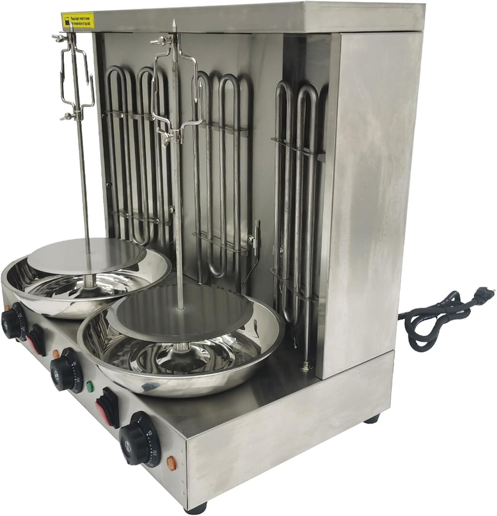 Electric Barbecue Shawarma Gyro Grill 3 Burners Commercial Stainless Steel Vertical Broiler Kebab Machine Adjustable Temperature with Meat Catch Pan and Rotating Doner for Restaurant Kitchen