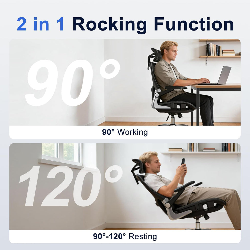 marrap Ergonomic Office Chair, Mesh Seat Cushion with 3D Armrests and 3D Headrest, Adjustable Lumbar Support with 90-120° Rocking Function for Home Office, Black