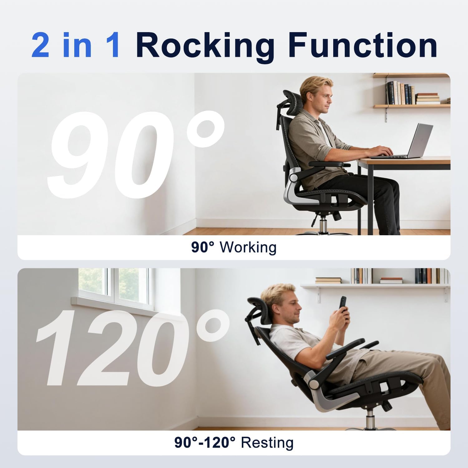 marrap Ergonomic Office Chair, Mesh Seat Cushion with 3D Armrests and 3D Headrest, Adjustable Lumbar Support with 90-120° Rocking Function for Home Office, Black