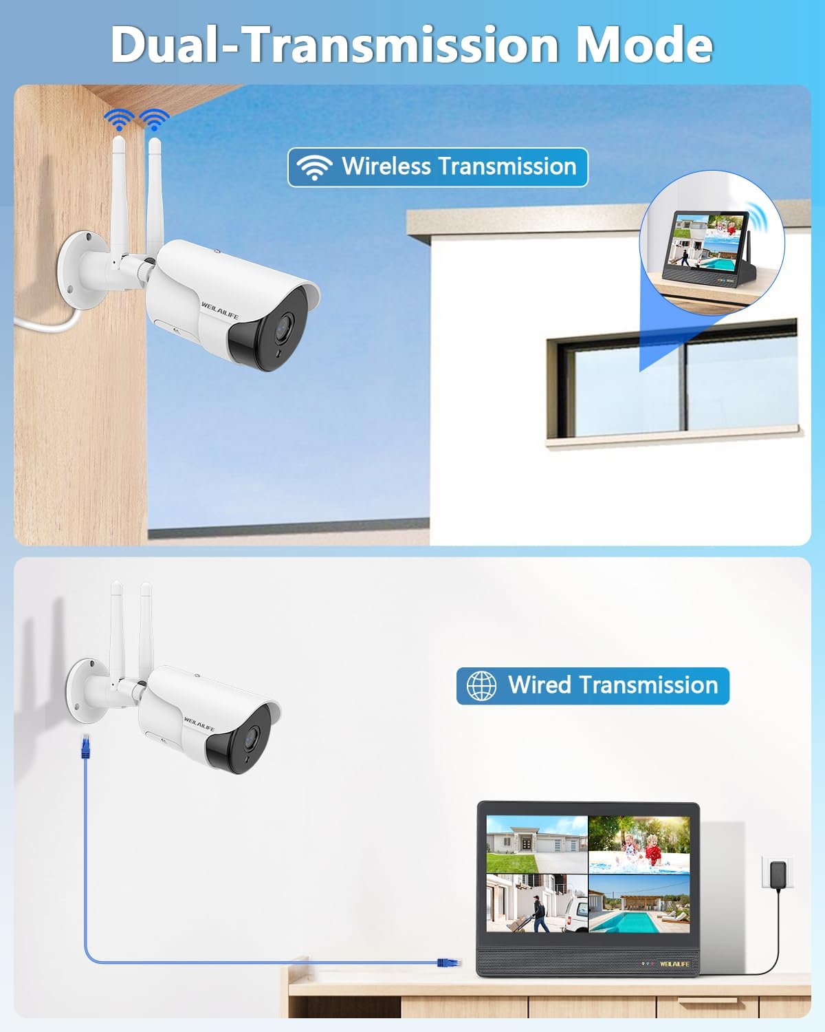 WEILAILIFE 5MP Wireless Security Camera System with 10' Monitor, Outdoor WiFi Home Video Cameras Systems Surveillance DVR Kits