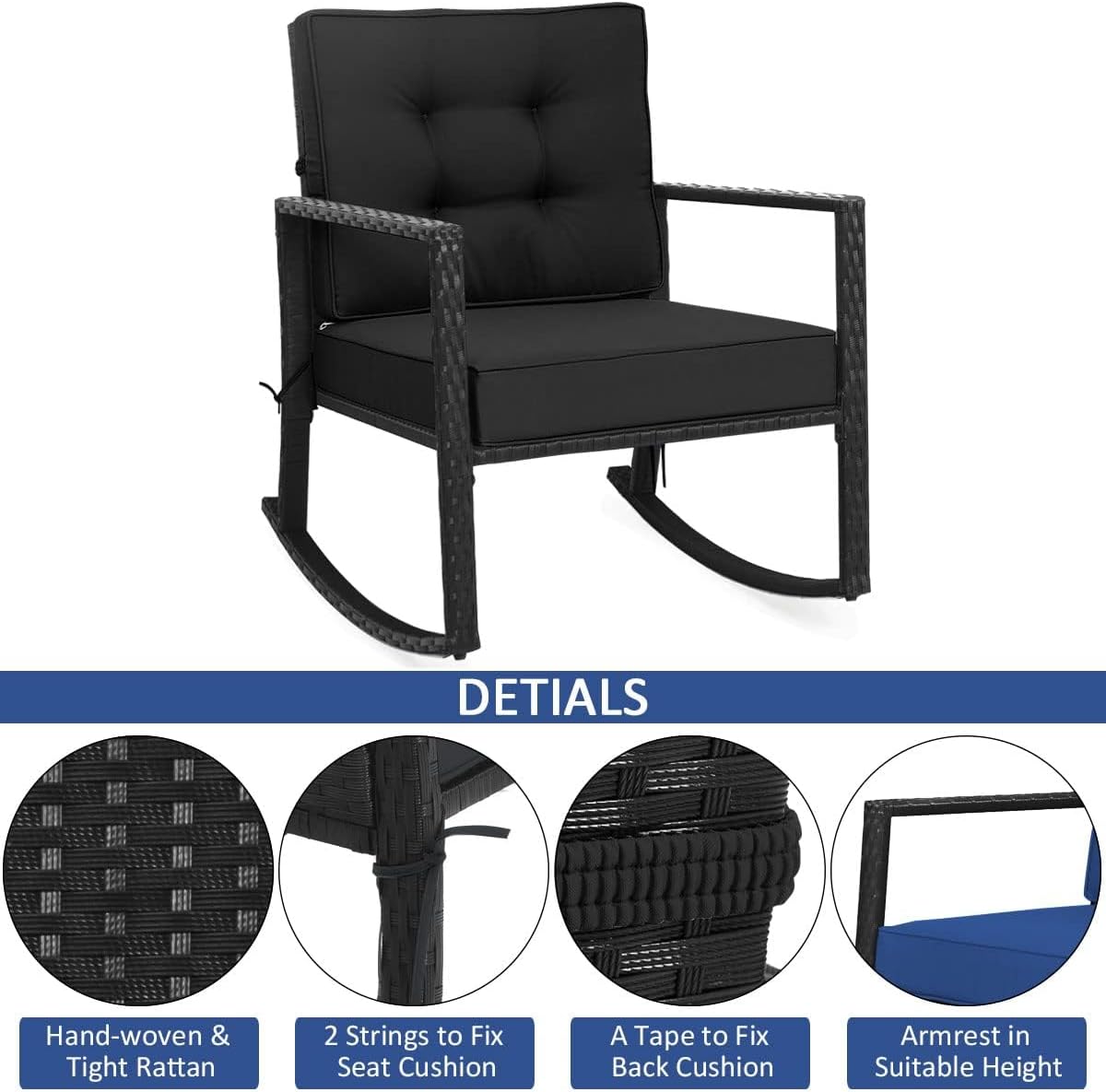 HAPPYGRILL Wicker Rocking Chair, Outdoor Patio Glider Chair with Heavy-Duty Frame, Thick Cushion, Rattan Rocking Chair for Backyard Garden Porch
