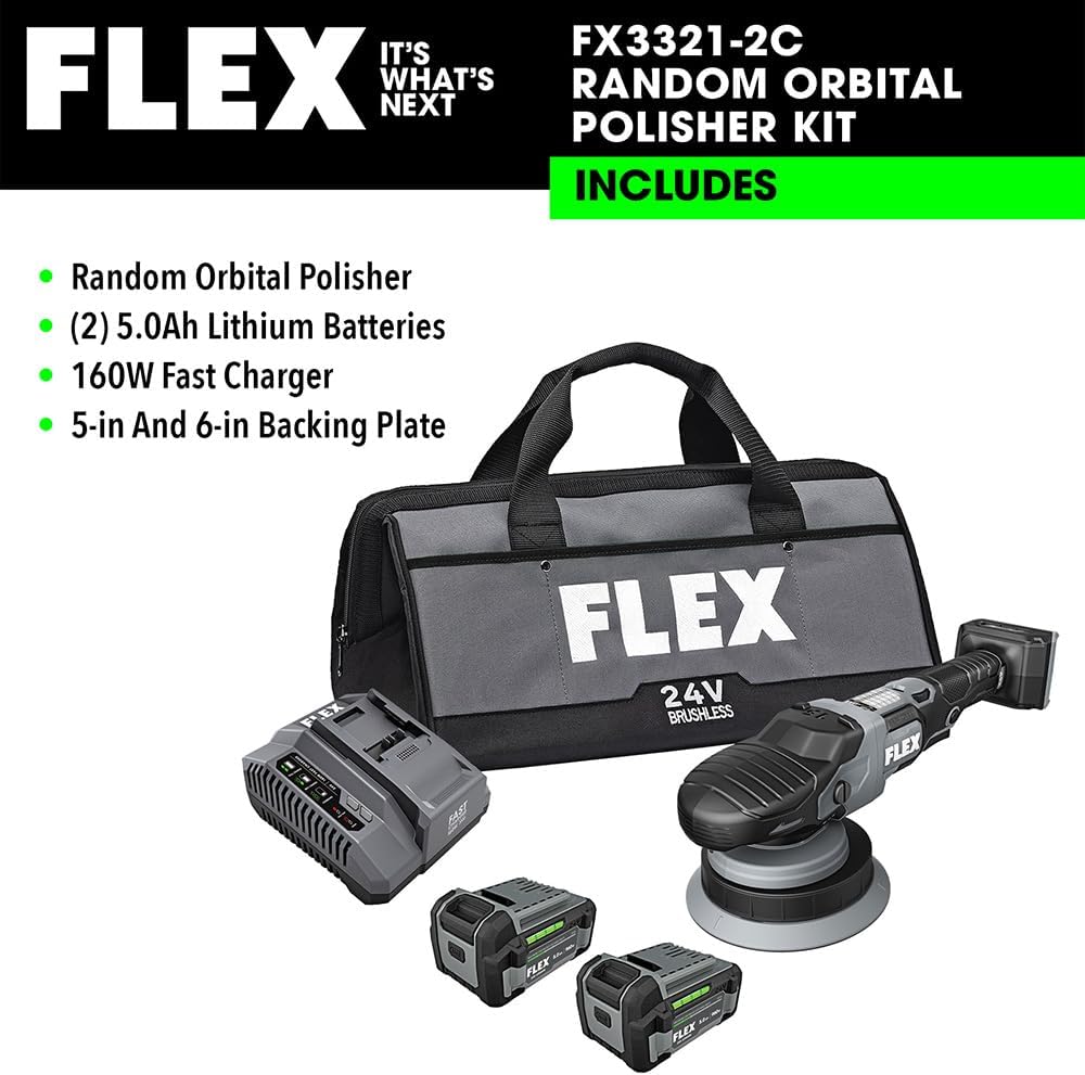 FLEX 24V Brushless Cordless Free Random Orbital Polisher Kit, Variable Speed, 6-Inch, Ideal for Detailing, Body Shop & Repair, w/ (2) 5.0Ah Lithium Batteries & 160W Fast Charger - FX3321-2C