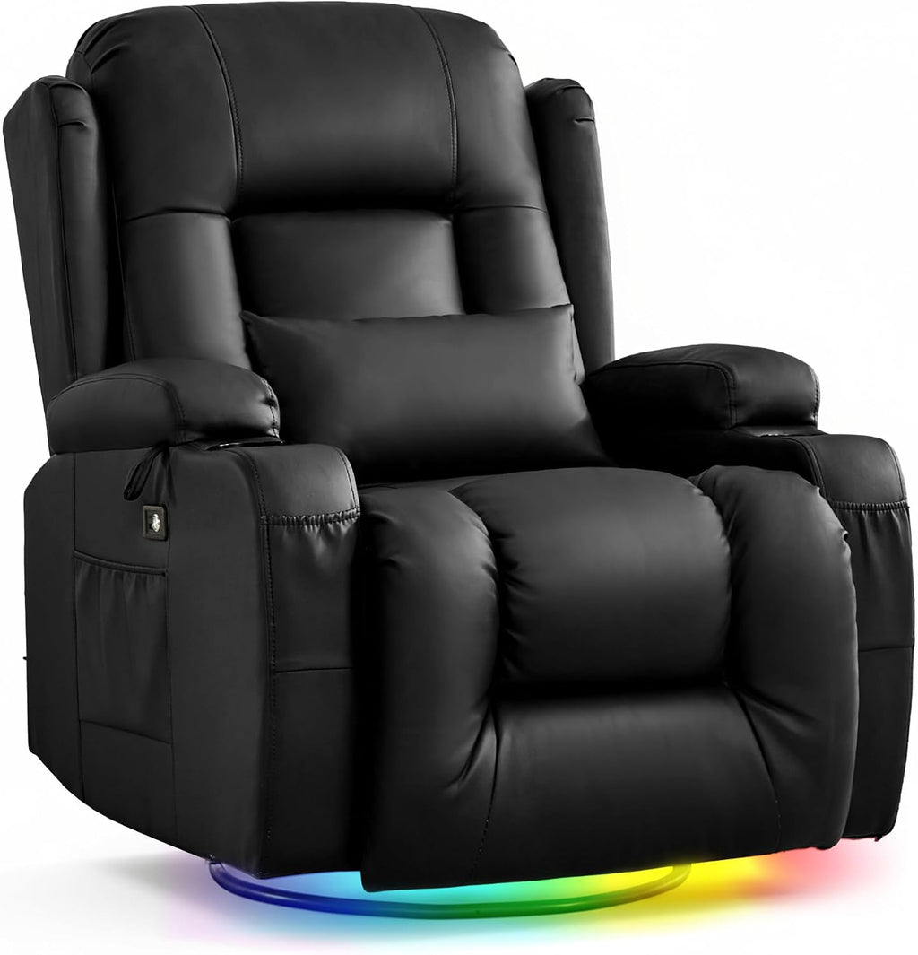 URRED Rocker Recliner Chair for Adults, 270° Swivel Glider Reclining Single Sofa with LED Ambient Light and Storage, Faux Leather Recliner for Living Room or Home Theater (Black, Set of 1)