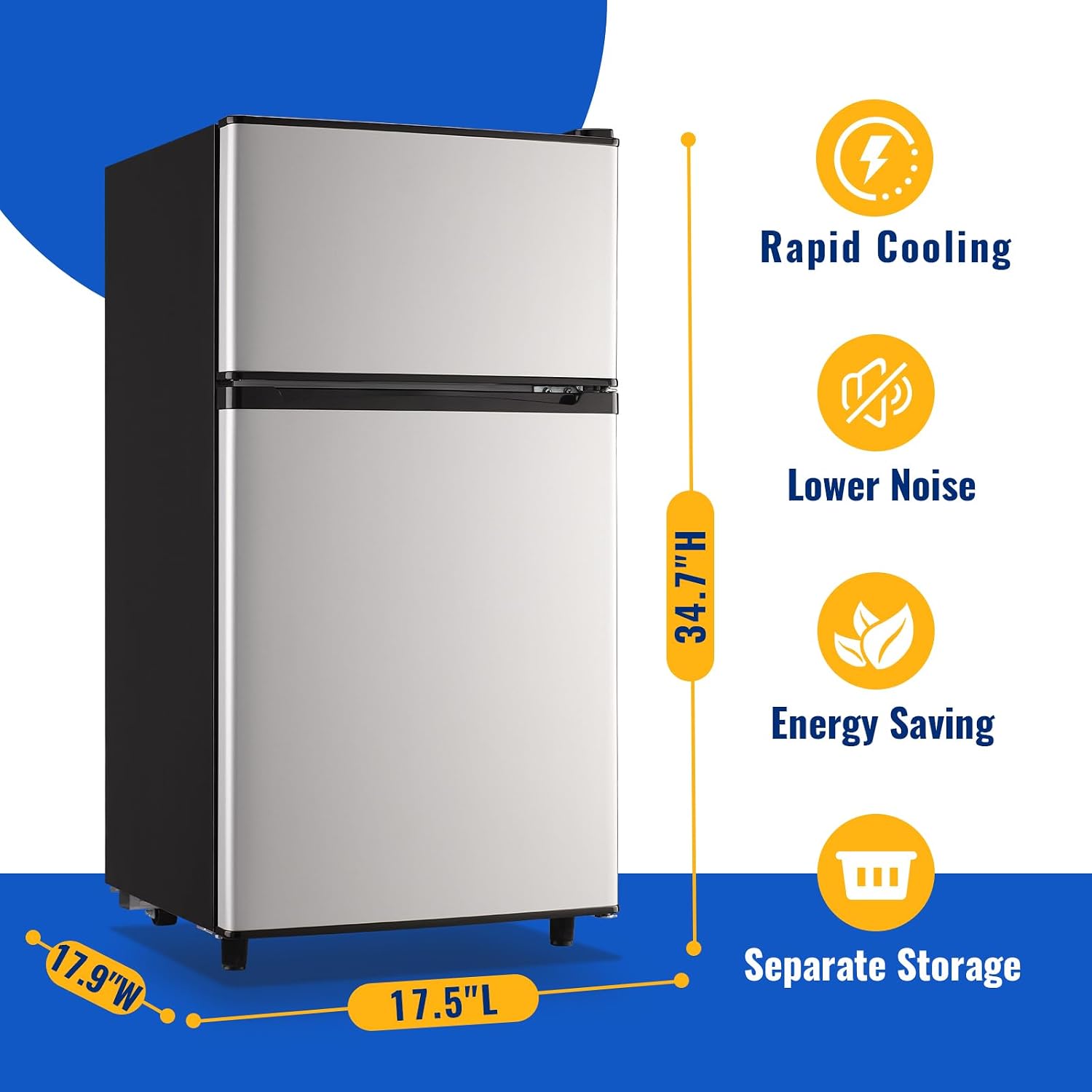 WANAI 100L Mini Fridge with Freezer Compact Refrigerator with Freezer, 7 Level Adjustable Thermostat and 2 Removable Shelves Freestanding Small Refrigerator for Office Dorm Apartment (Silver)