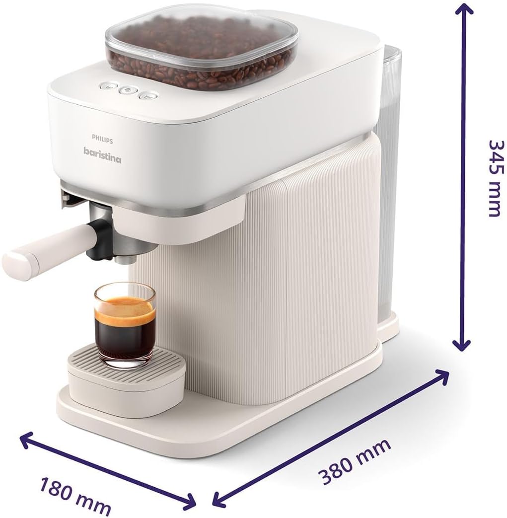 Philips Baristina Espresso Machine+Milk Frother Bundle. Real espresso. Compact coffee machine,portafilter, grinder, Cafe Crema. Dairy & Non-Dairy Milk foam. Hot & Cold. Easy Clean. White (BAR303/00)