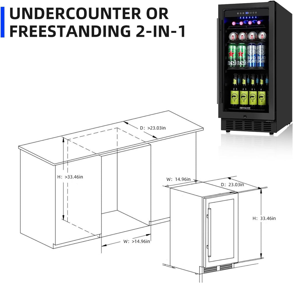 ORYMUS 15 Inch Beverage Refrigerator, 130 Cans Drink Fridge with Glass Door & Lock, Under Counter or Freestanding Beverage Cooler for Soda, Beer & Water, Upgraded Quiet Compressor, Memory Temp, Black