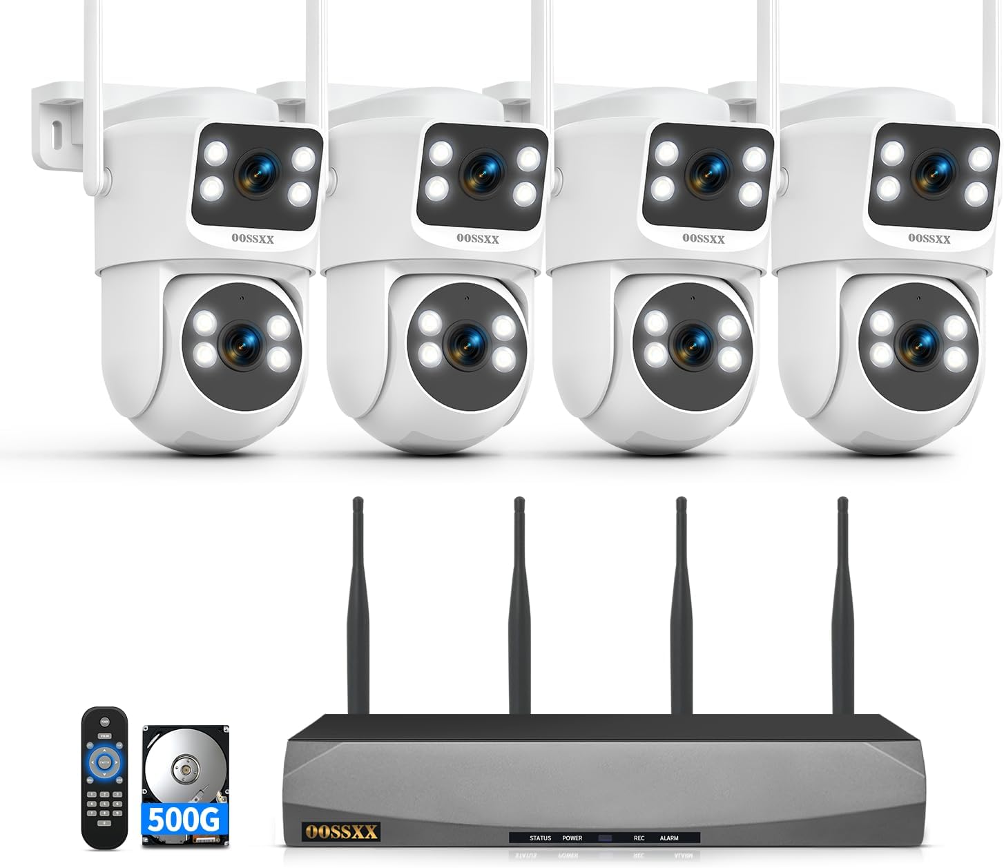 OOSSXX (2026 New) Dual Lens Wireless Security Camera System 4MP, 16CH WiFi NVR with 4 Cameras, 4 Antennas 55% Longer Range, Fixed + PTZ, 500GB HDD, No Monthly Fee