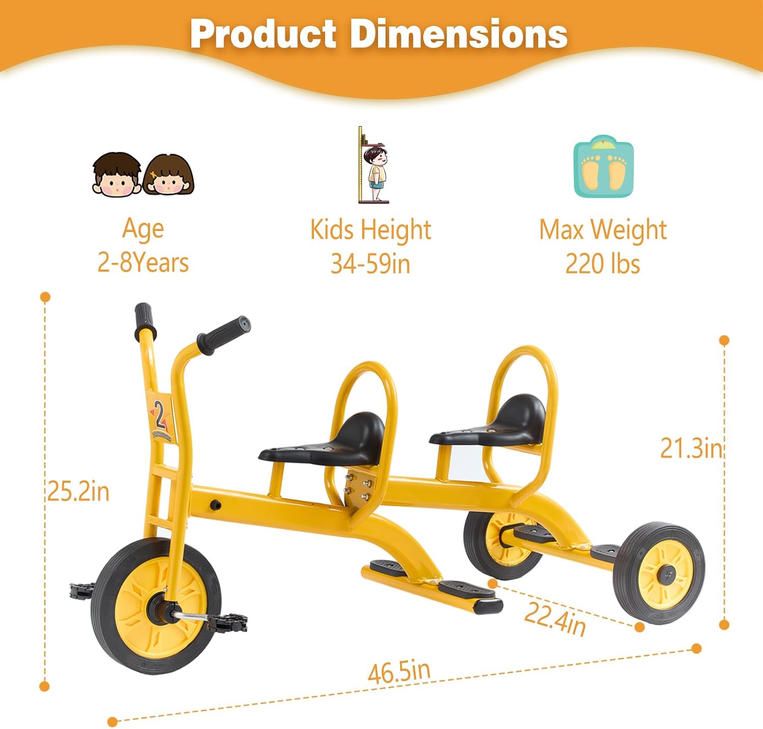 Kids Tricycle for Toddler Ages 3+, Preschool Kids Trike Bike with Non-Slip Pedal and Airless Rubber Wheels, Outdoor Playground Daycare Kid's Balance Bike, Gift for Boys and Girls (Tandem-Yellow)