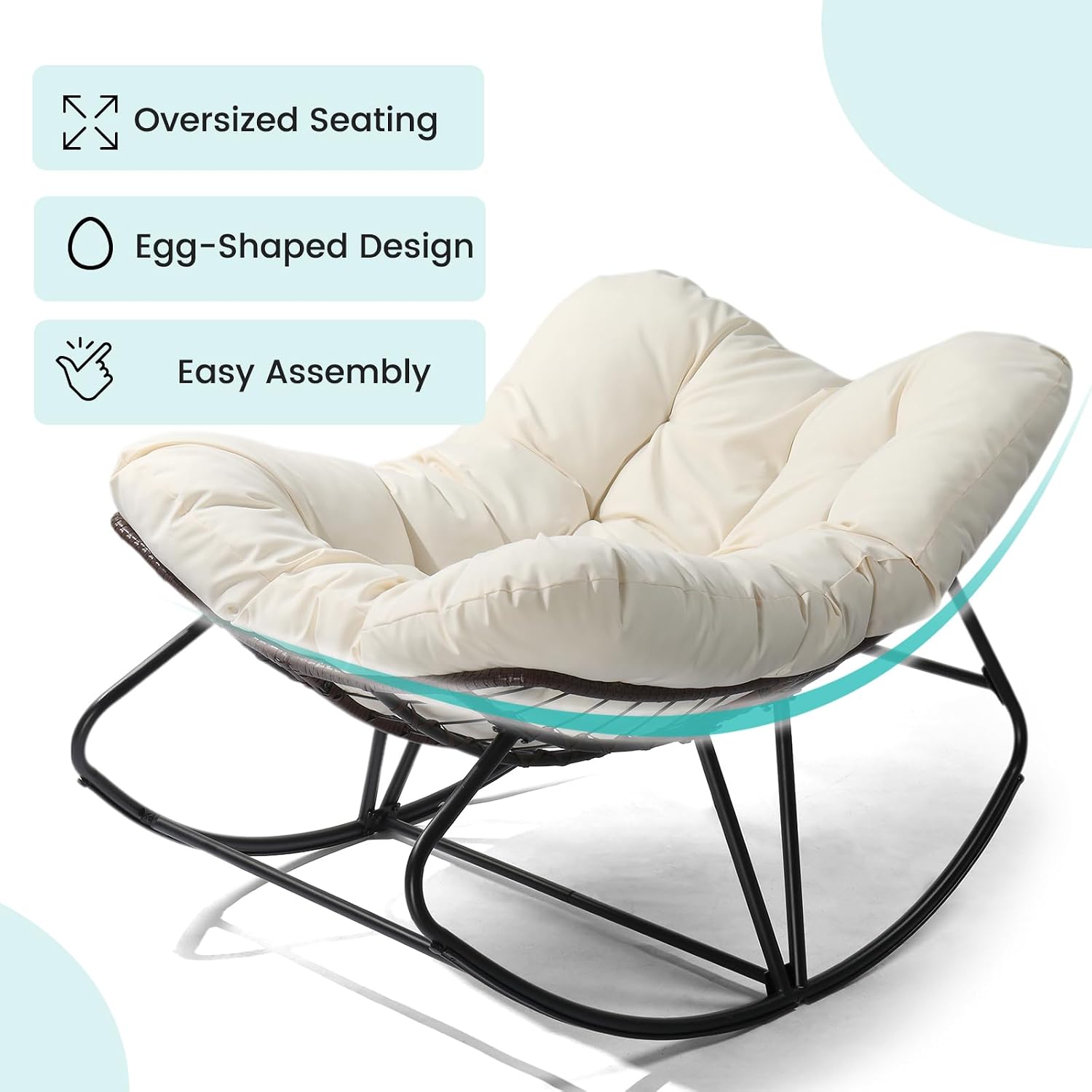 JOYBASE Outdoor Indoor Papasan Rocking Chair, Oversized Papasan Rocker with Cushion, Patio Wicker Comfy Egg Chair for Backyard Bedroom Living Room Lounge Reading (Beige)