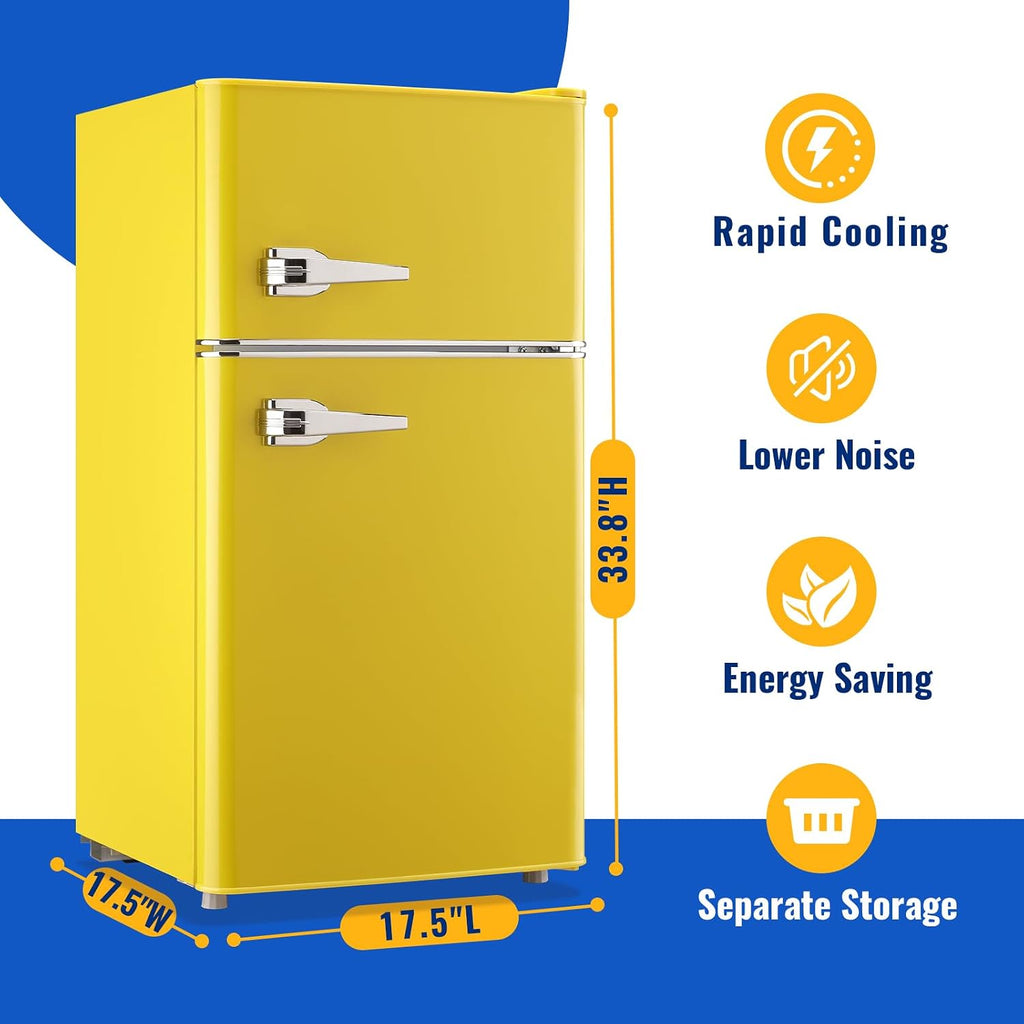 WANAI 3.5 Cu.Ft Retro Refrigerator 2 Door Mini Fridge with Freezer and 2 Handles 7 Level Adjustable Thermostat Control Top-Freezer Refrigerator for Home Dorm Apartment Yellow
