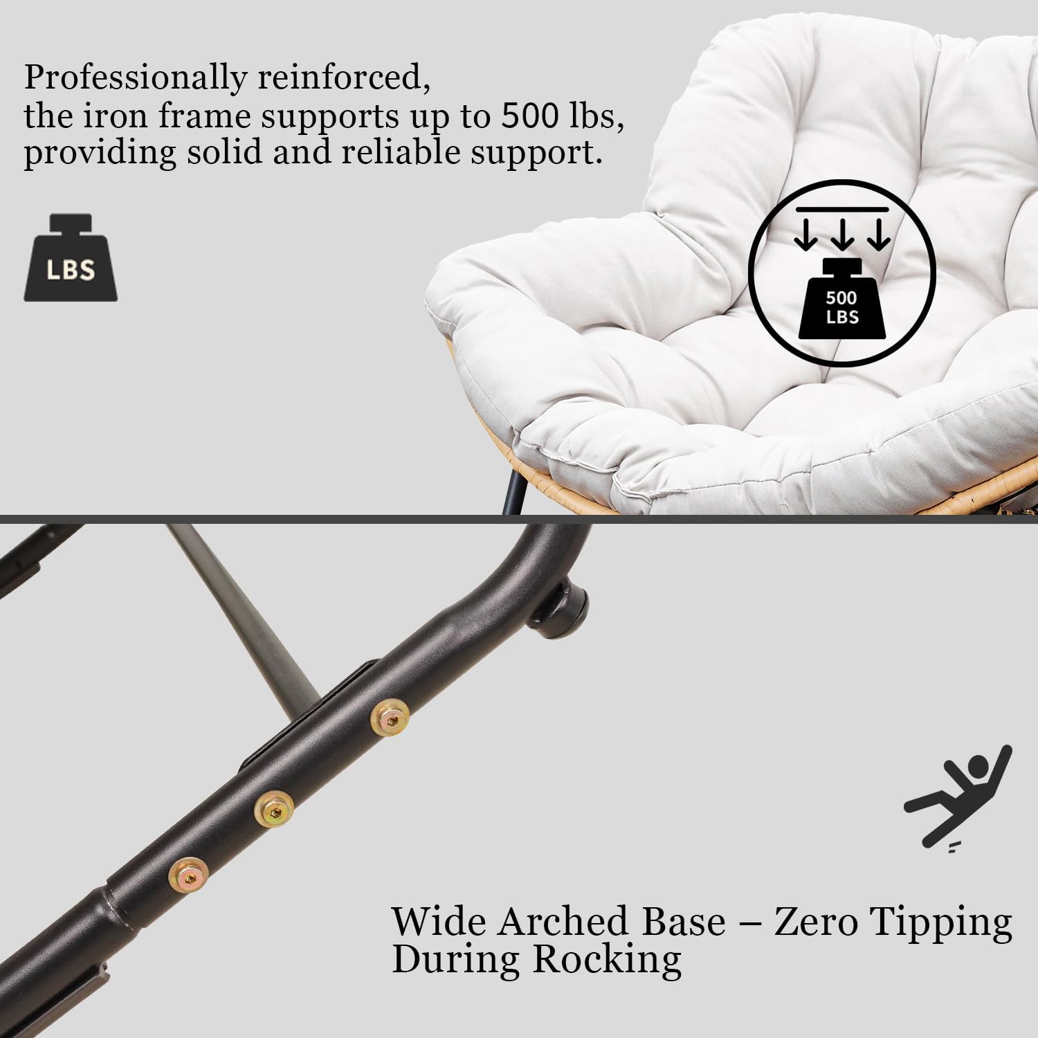 Rocking Papasan Chair Outdoor/Indoor, Rattan Wicker Lounge Rocker Egg Chair with Thick Cushion, Alloy Frame & Anti-Tip Wide Base for Patio, Living Room, Bedroom, Warm Beige