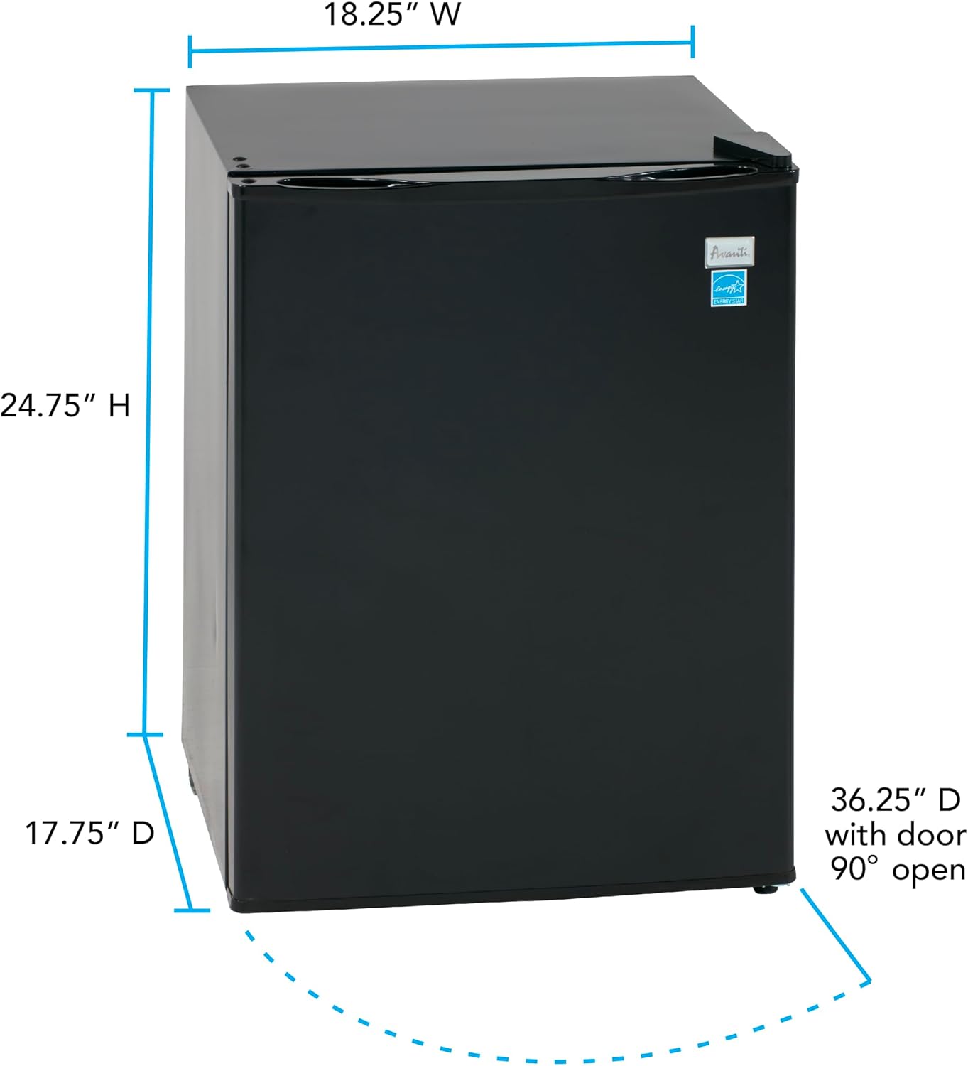 Avanti Mini Fridge Compact Refrigerator for Home Office or Dorm, Features Single Reversible Door Removable Shelves Automatic Defrost and Adjustable Temperature Control, 2.4-Cu.Ft, Black