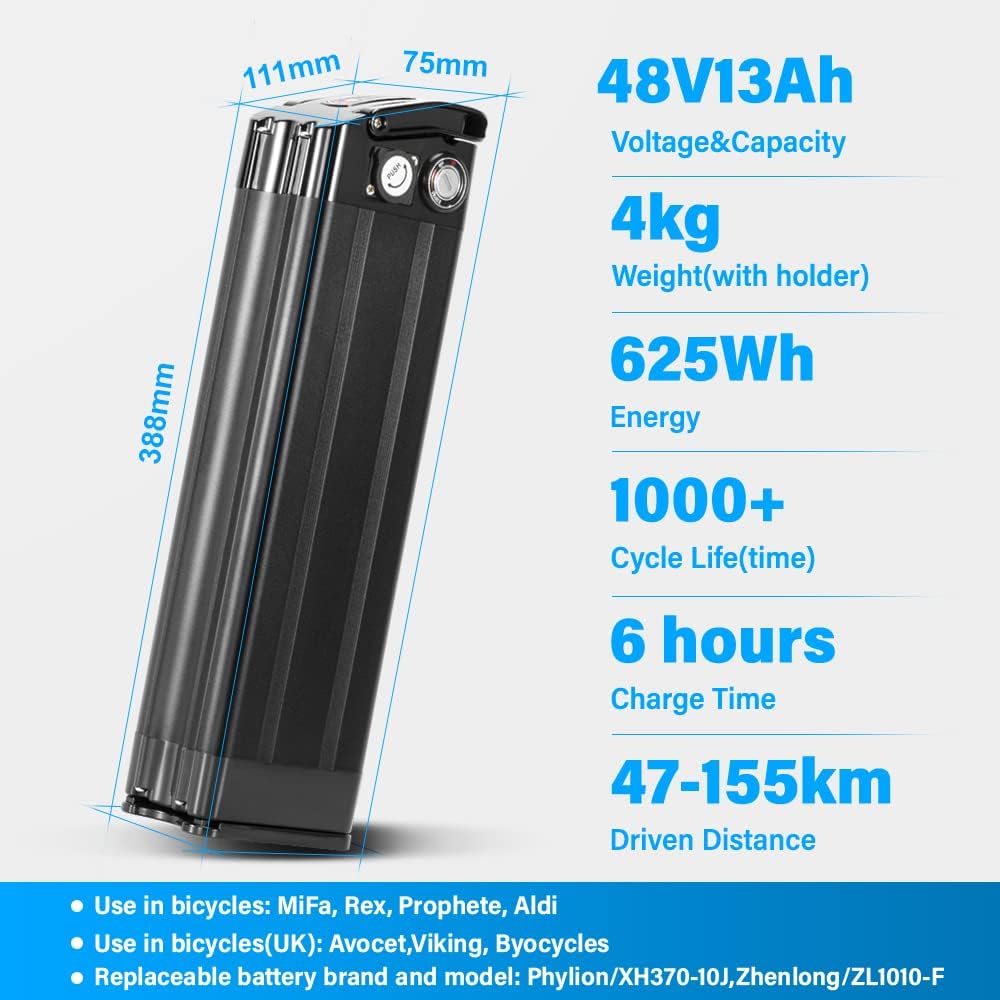 YS YOSE POWER 48V 13Ah Ebike Battery Electric Bike Battery for 250W 350W 500W 750W 1000W Motor Black SliverFish Battery with USB Port Electric Bicycle pedelec Lithium Batteries (48V13AH 200-1000W