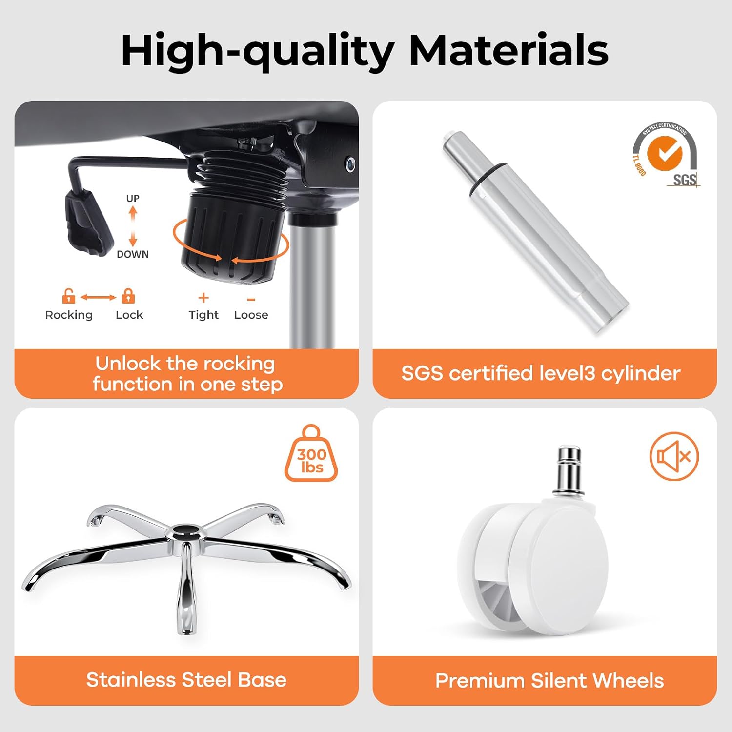 Office Chair Ergonomic Office Chair with Lumbar Support, Head Support, Rocking Function, FILP-up Armrests, Mesh High Back Chair Home Office Desk Chair, Suitable for Home, Office, Grey