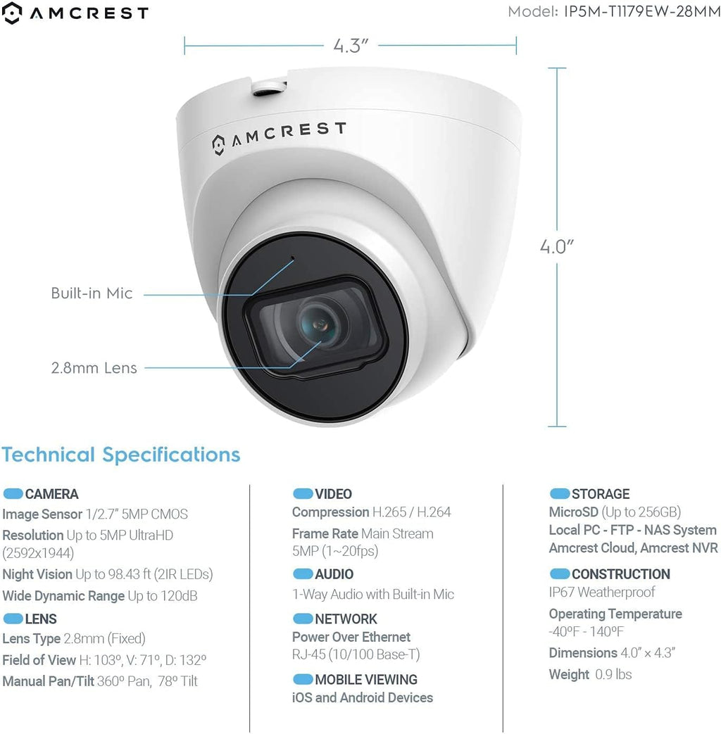 Amcrest 5MP POE Security Camera System Outdoor, 8CH POE NVR, 4pcs 5MP Turret Cameras, IP67 Metal Turret IP Cameras, Built in Mic, Pre-Installed 2TB Hard Drive, NV4108E-IP5M-T1179EW4-2TB