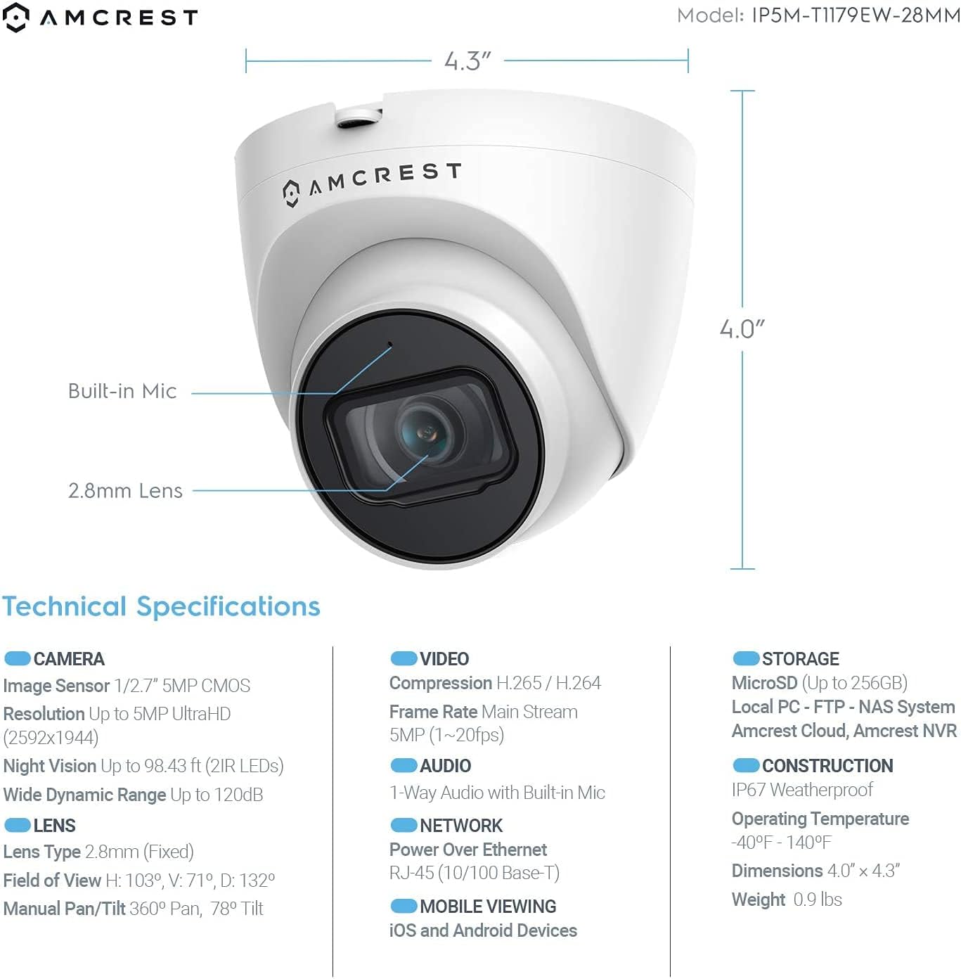Amcrest 5MP POE Security Camera System Outdoor, 8CH POE NVR, 4pcs 5MP Turret Cameras, IP67 Metal Turret IP Cameras, Built in Mic, Pre-Installed 2TB Hard Drive, NV4108E-IP5M-T1179EW4-2TB