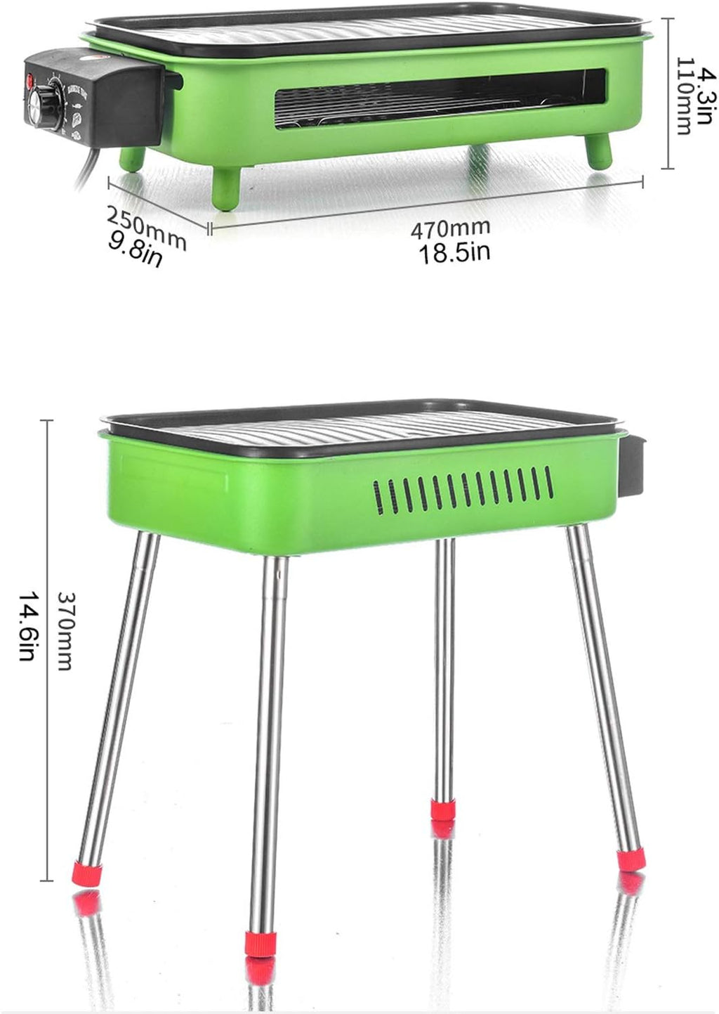 Grill for Outdoor Indoor Outdoor Electric Carbon Barbecue Grill Electric BBQ Smokeless Grill with Legs 1800W Adjustable Thermostat Removable Washable Plates, 18.5' X 9.8', Green Barbecue Grill