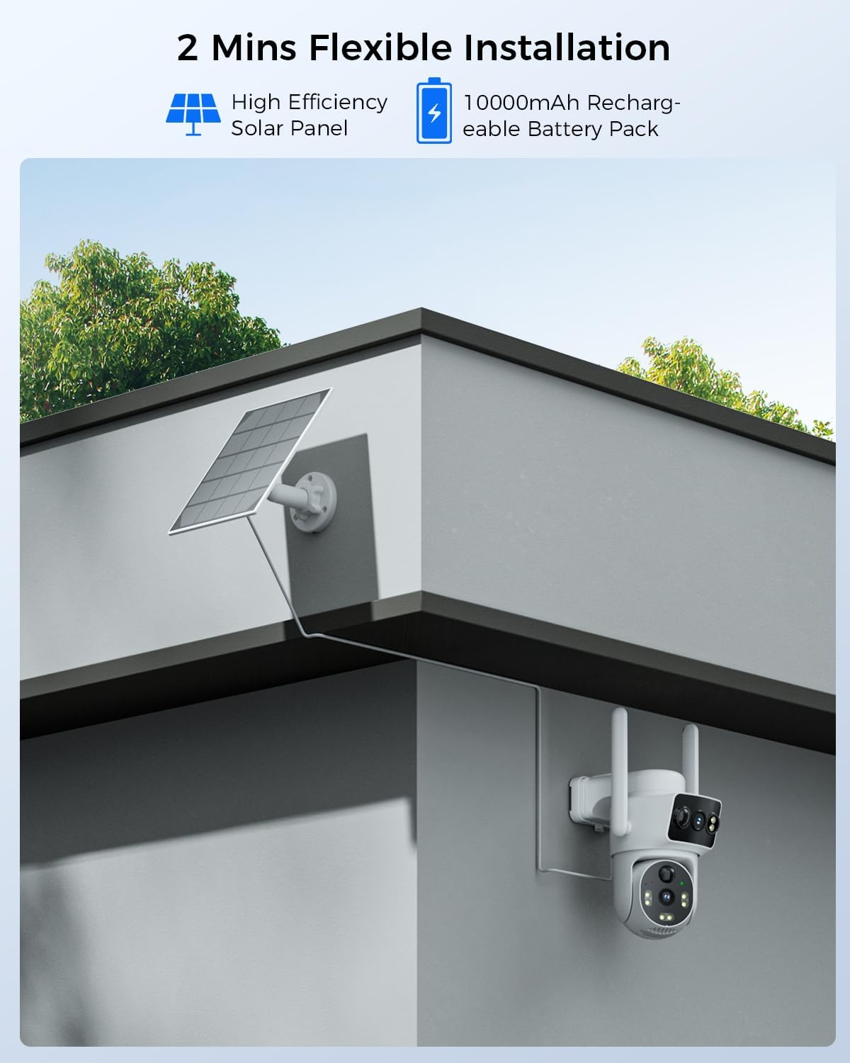 Solar Dual Lens Security Cameras Wireless Outdoor, Home Dual Lens Security Camera System, No Subscription, 2.4G & 5G WiFi 4MP Night Vision, 64G SD Local Recording Expandable to 10CH