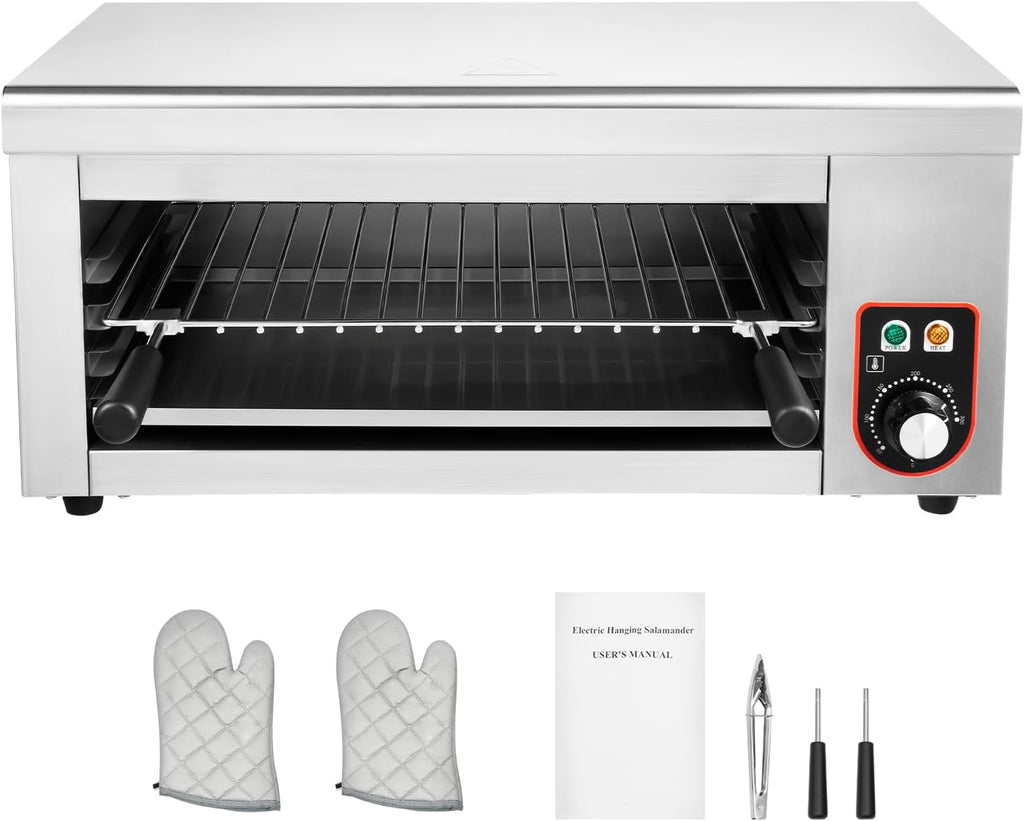 Commercial Salamander Broiler 1500W Electric Cheese Melter Grill BBQ Countertop Stainless Steel Cheese Melter Machine Cheese Melting 122-572°F for Melt Cheese, Toast Sandwiches, Grill Steaks