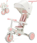 JMMD Baby Tricycle, 7-in-1 Foldable Kids Trike with Adjustable Parent Handle, Safety Harness & Wheel Brakes, Removable Canopy, Stroll Trike for Boys & Girls Ages 18 Months-5 Years, Pink