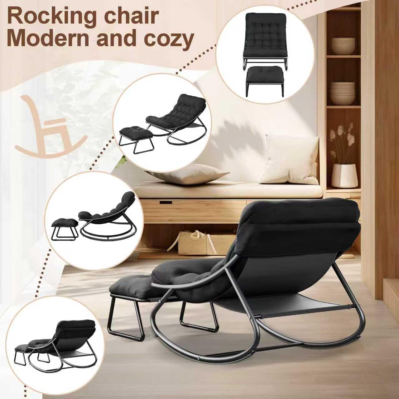 Indoor Rocking Chairs, Comfy Patio Chair, Rocking Chair with Ottoman and Sturdy Metal Frame, Balcony Chairs with Thickened Cushion, Silla Mecedora for Patio Porch Garden Living (Black)