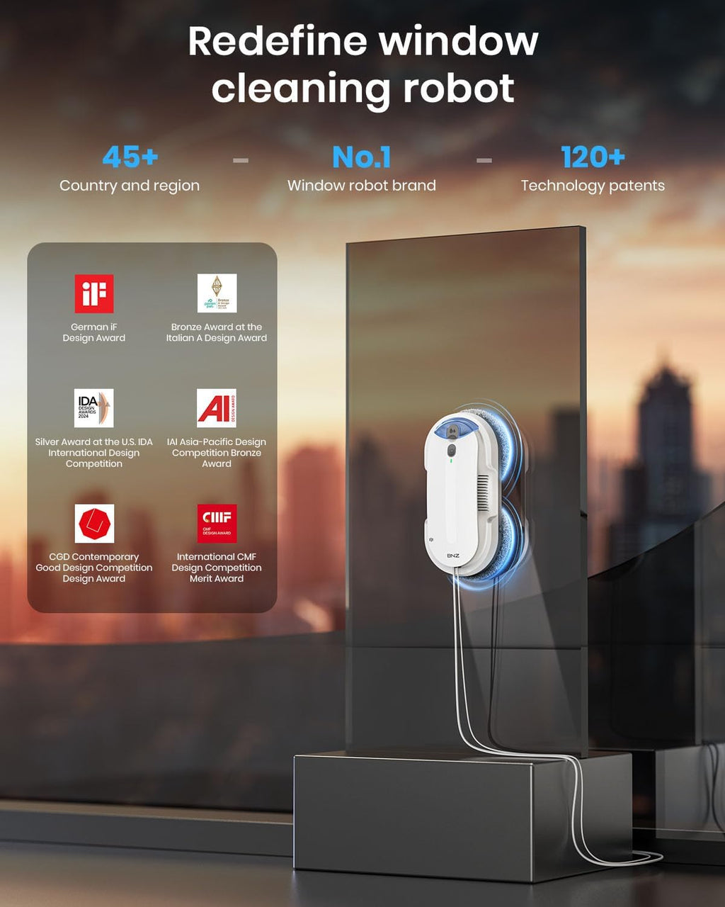 BNZ Smart Window Cleaning Robot, Twin Turbo & Dual Auto-Spray Window Cleaner with Multiple Safety System, AI Path Planning, Frameless Edge Detection, K1 (White)