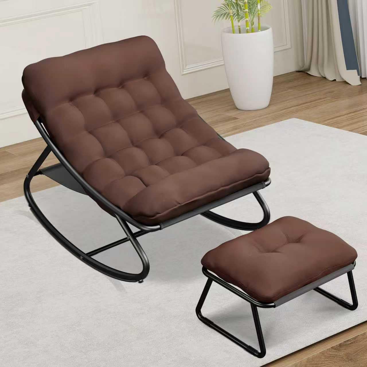 Outdoor and Indoor Rocking Chairs, Comfy Patio Chair, Rocking Chair with Ottoman and Sturdy Metal Frame, Balcony Chairs with Thickened Cushion, Silla Mecedora for Patio Porch Garden Living (Brown)