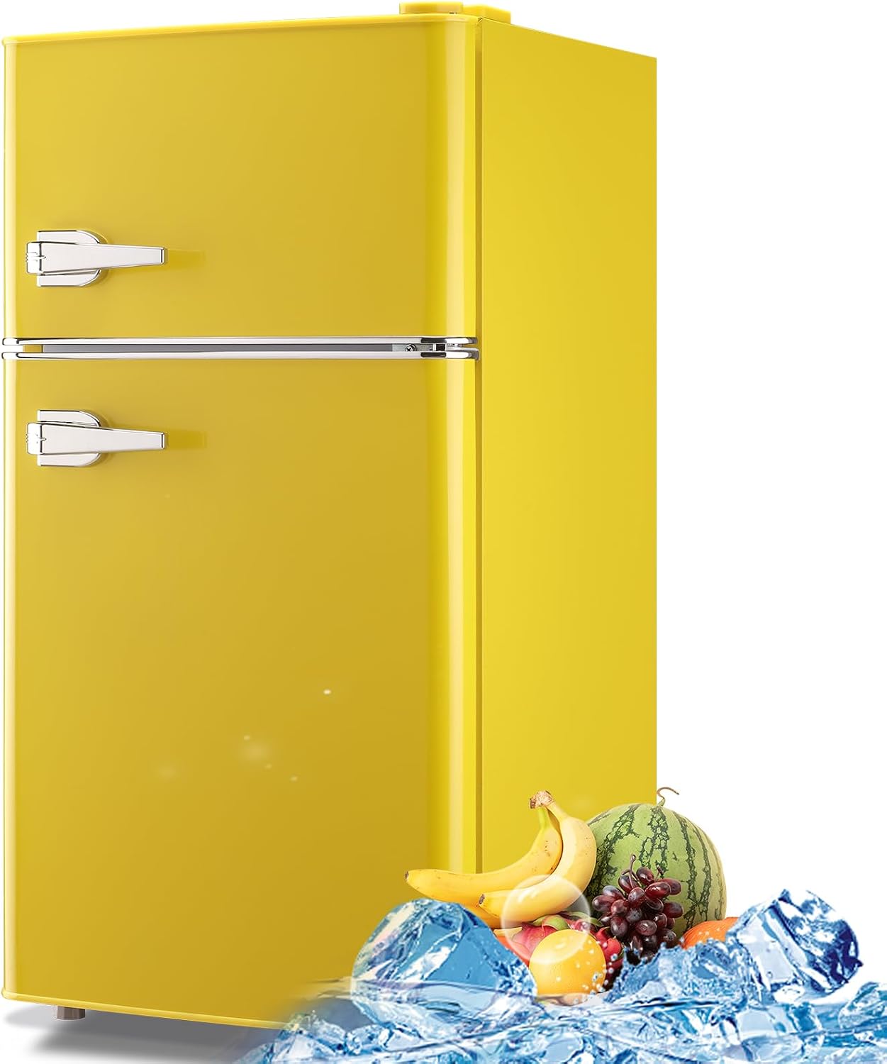 WANAI 3.5 Cu.Ft Mini Fridge with Freezer Small Retro Dual Door Refrigerator Freestanding Compact Refrigerator with Freezer 2 Door Mini Fridge for Bedroom, Dorm, Office, Cream, Yellow