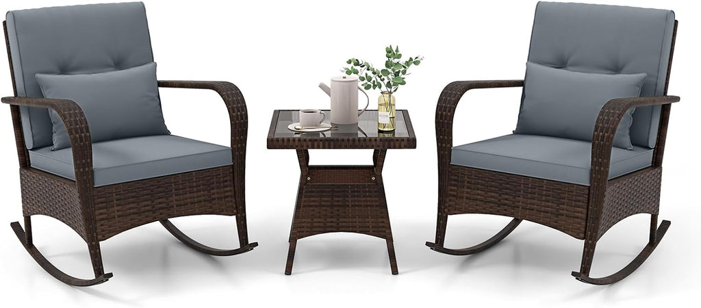 Tangkula 3 Pieces Rocking Bistro Set, Patiojoy Outdoor PE Rattan Rocker Chairs with Removable Cushions & Tempered Glass Top Coffee Table, Outdoor Wicker Furniture Set for Porch, Garden (Grey)